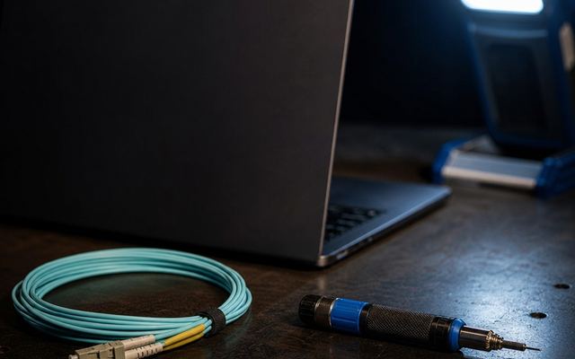 A field engineer bench with a laptop, fibre patch lead and torque driver