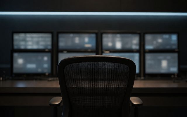 A bank of dim network operations monitors behind an empty operator chair