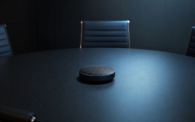 An empty meeting table with a conference speaker unit